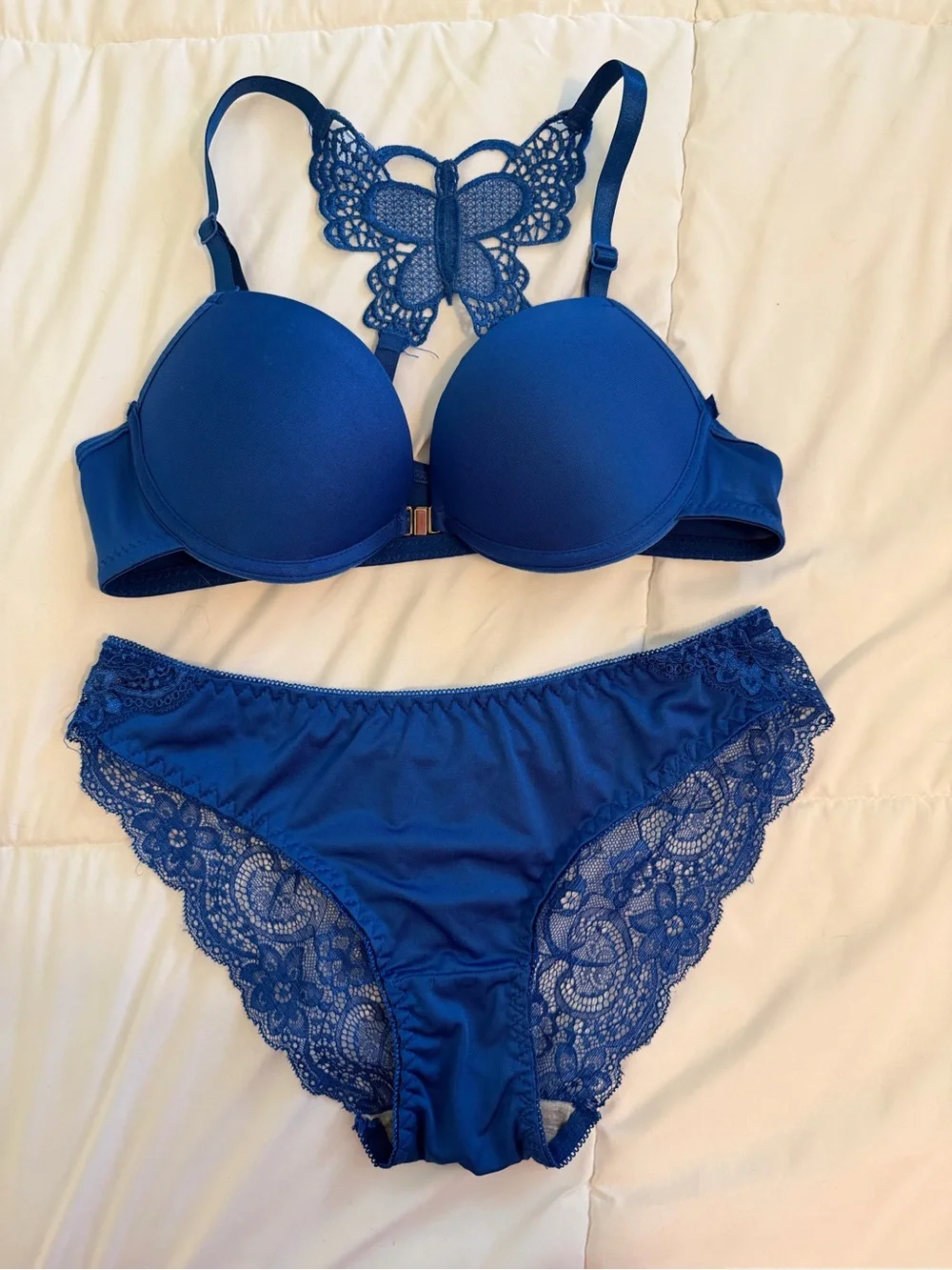 SHEIN Royal Blue Lace Butterfly Back Bra & Panty Set- S/M
